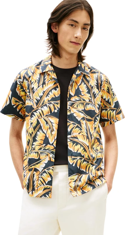 Tommy Hilfiger Men’s Shirt Papertouch with Palm Leaf Print, Multicolor (Black/Allover), XXL