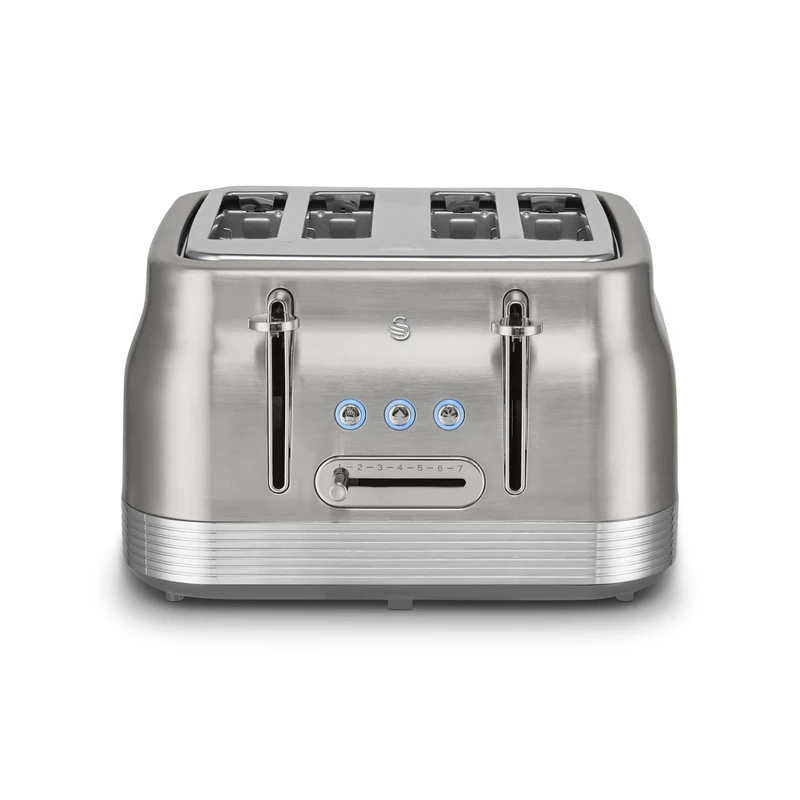 Swan ST19029SS Retro 4 Slice Toaster with 7 Browning Levels, Removable Crumb Trays, Defrost, Reheat and Cancel Functions, Hidden Cord Storage, Non-Slip Feet, 1860W, Stainless Steel