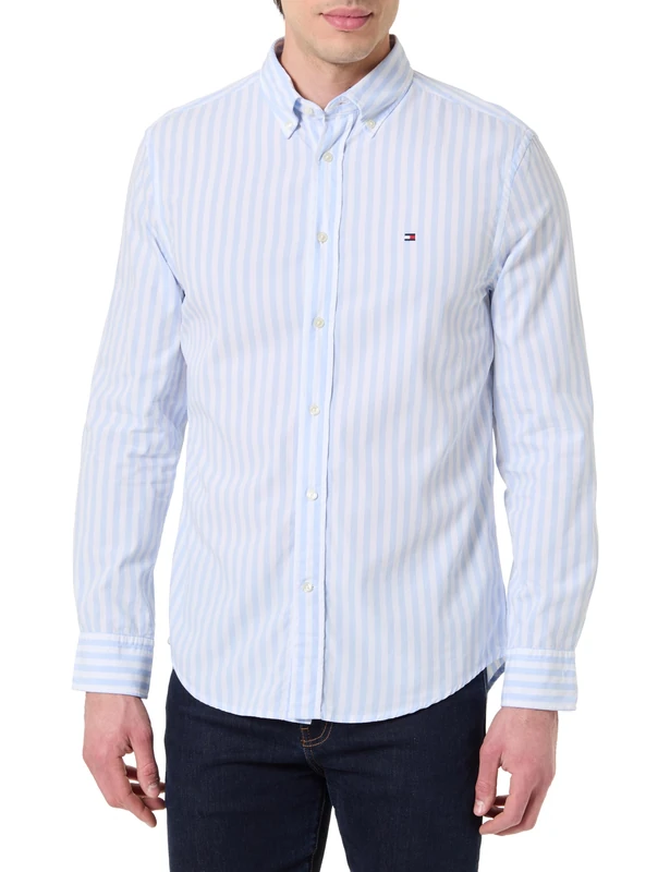 Tommy Hilfiger Men's Flex Poplin Classic STP Rf Shirt MW0MW42440 S/S Shirt, Blue, XS