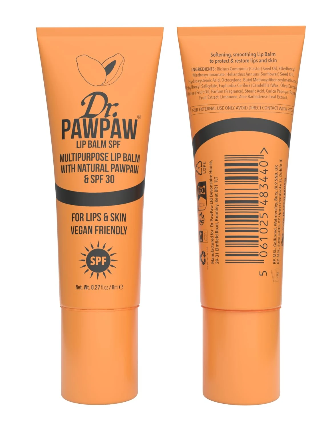 Dr.PAWPAW Multipurpose Lip Balm with SPF 30 – Natural Pawpaw, Vegan Friendly, Hydrating and Nourishing Balm for Lips & Skin, 8ml