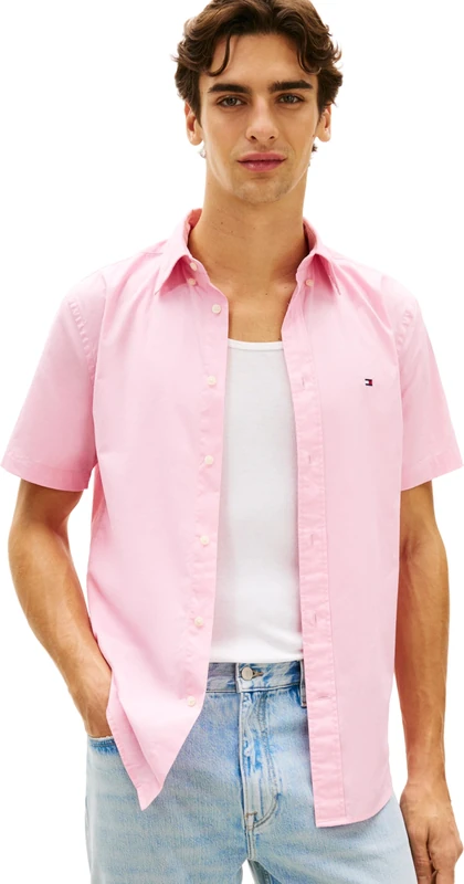 Tommy Hilfiger Men's Flex Poplin Solid S/S Shirt MW0MW42630 S/S Shirt, Pink, L