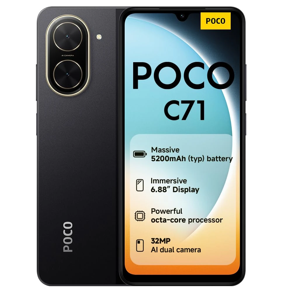 POCO C71 Smartphone, 4+128GB, Black, UNISOC T7250 processor, 5200mAh battery, 32MP AI dual camera, 6.88" large screen display (No power adapter included)