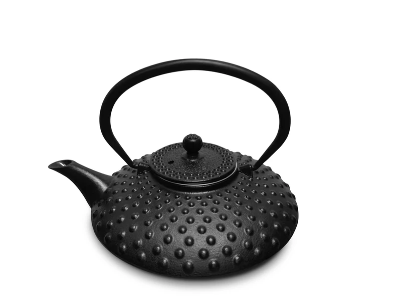 H&H Enamelled Cast Iron Teapot 0.80 L with Stainless Steel Filter, Black, Suitable for All Hobs, Including Induction