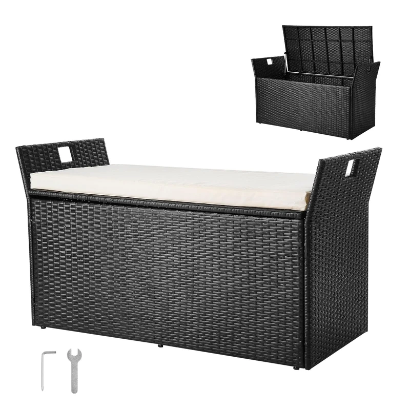 VEVOR Outdoor Storage Bench, 2-Person PE Rattan Storage Bench, 90 Gal Deck Box with Cushion & Side Handles, Supports up to 800 lbs, Weatherproof Outdoor Seating & Porch Decor for Patio Garden Balcony