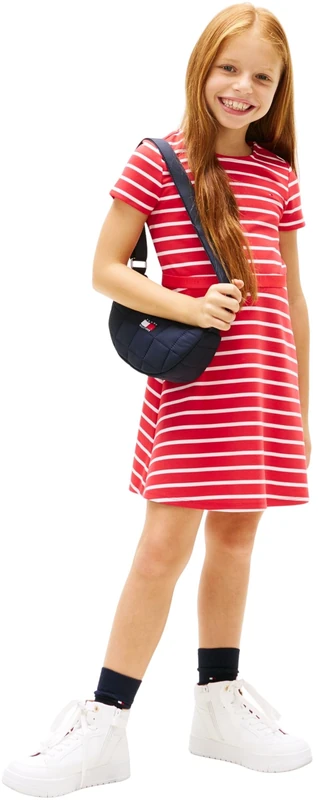 Tommy Hilfiger Girl's Essential Punto Skater Dress Ss KG0KG09149 Dresses, RED (Red Alert/White Stripes), 10 Years