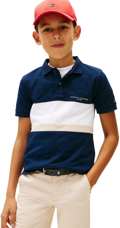 Tommy Hilfiger Boy's Mini Corp Emb Clrblock Polo Ss KB0KB10383 Polos, Blue (Dark Night Navy Colourblock), 16 Years