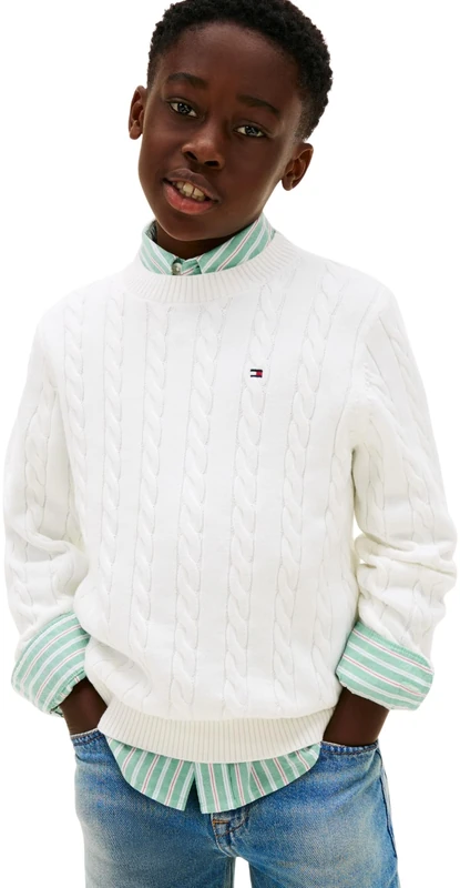 Tommy Hilfiger Boys' Jumper Cotton Cable Knit with Round Neckline, White (Ivory Silk), 10 Years