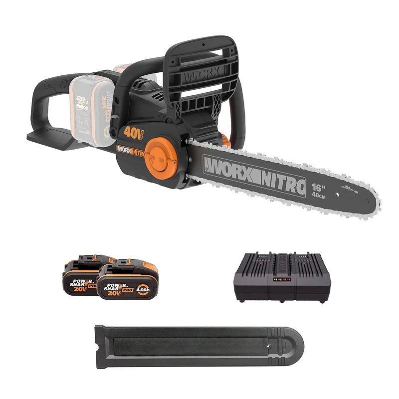 Worx WG385E 40V PowerShare Cordless 40cm Brushless Chainsaw, 45cc Equivalent Power with x2 4.0Ah Batteries and Charger