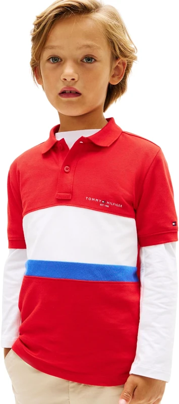 Tommy Hilfiger Boy's Mini Corp Emb Clrblock Polo Ss KB0KB10383 Polos, RED (Rapid Red Colourblock), 14 Years