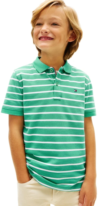 Tommy Hilfiger Boy's Flag Polo Ss KB0KB09103 Polos, Green (Bahama Green Stripe), 10 Years