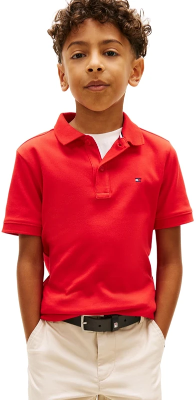 Tommy Hilfiger Boys' Polo Shirt Short Sleeve Interlock Regular Fit, Red (Rapid Red), 4 Years