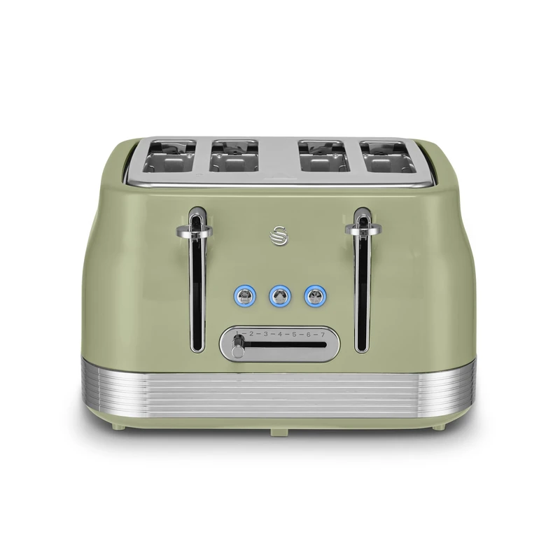 Swan ST19029GRN Retro 4 Slice Toaster with 7 Browning Levels, Removable Crumb Trays, Defrost, Reheat and Cancel Functions, Hidden Cord Storage, Non-Slip Feet, 1860W, Green and Stainless Steel