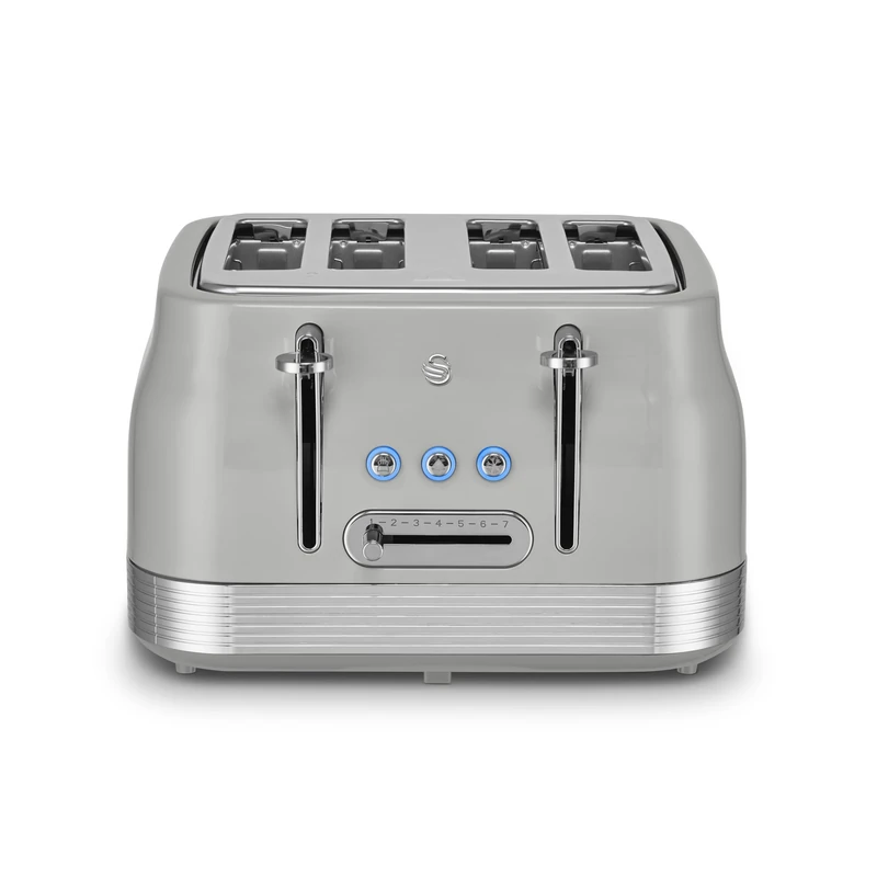 Swan ST19029GRY Retro 4 Slice Toaster with 7 Browning Levels, Removable Crumb Trays, Defrost, Reheat and Cancel Functions, Hidden Cord Storage, Non-Slip Feet, 1860W, Grey and Stainless Steel