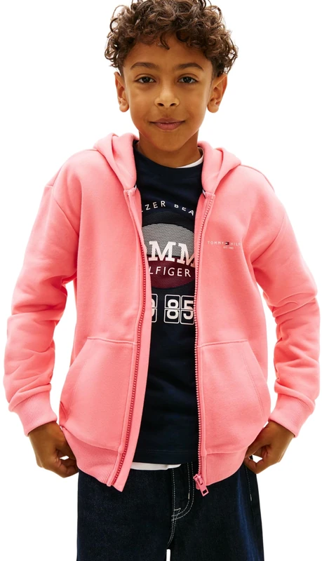 Tommy Hilfiger Unisex Kids Mini Corp Zip Through Hoodie KS0KS00726 Sweatshirts, PINK (Tropical Blush), 7 Years