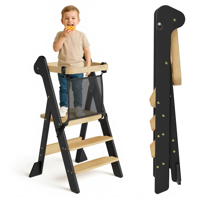 COSYLAND Foldable Toddler Step Stool for Kitchen - IF Design Awarded Space Saving Toddler Standing Tower with Protective Net - Height Adjustable Kids Kitchen Stool Helper (Black & Natural)