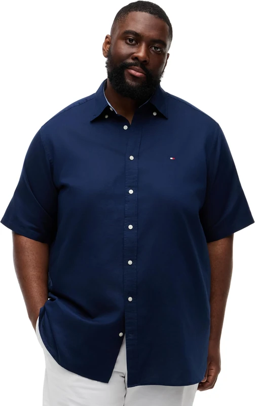 Tommy Hilfiger Men's Bt-Cl Linen BLND Solid Ss Rf S-B MW0MW44062 S/S Shirt, Blue, 3XL