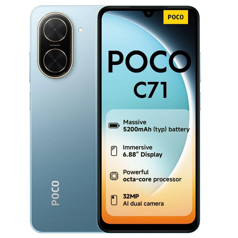 POCO C71 Smartphone, 3+64GB, Blue, UNISOC T7250 processor, 5200mAh battery, 32MP AI dual camera, 6.88" large screen display (No power adapter included)