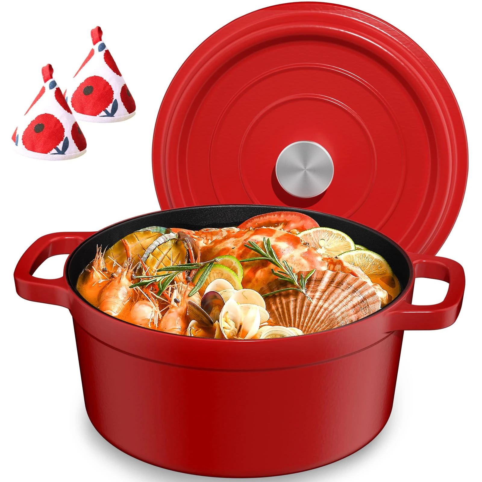 YASHE Cast Iron Pot with Lid, Dutch Oven, 26cm/5L Casserole Dish,Round Enamelled Dutch Oven for Soup, Stew, and Oven Cooking,Red