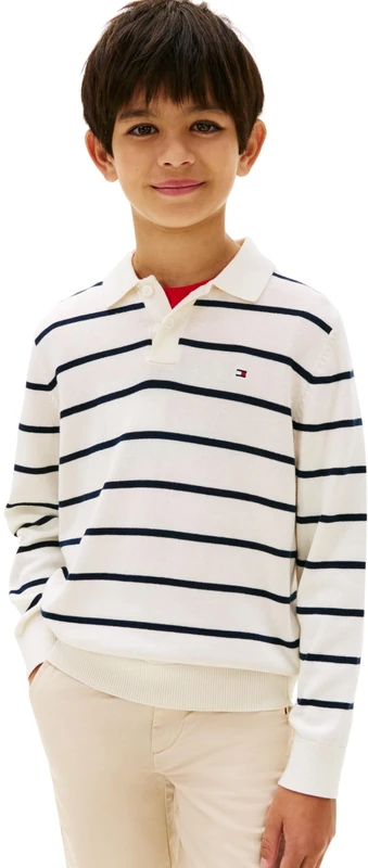 Tommy Hilfiger Boy's Polo Collar Sweater Ls KB0KB10252 Sweaters, White (Ivory Silk Stripe), 14 Years