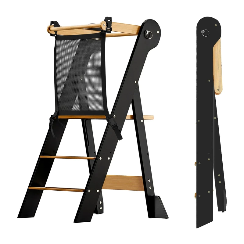 COSYLAND Foldable Toddler Standing Tower Height Adjustable - Highly Pre-Assembled Kid Kitchen Step Stool Helper for Learning and Cooking - Kid Kitchen Stand with Stability Blocks (Black & Natural)