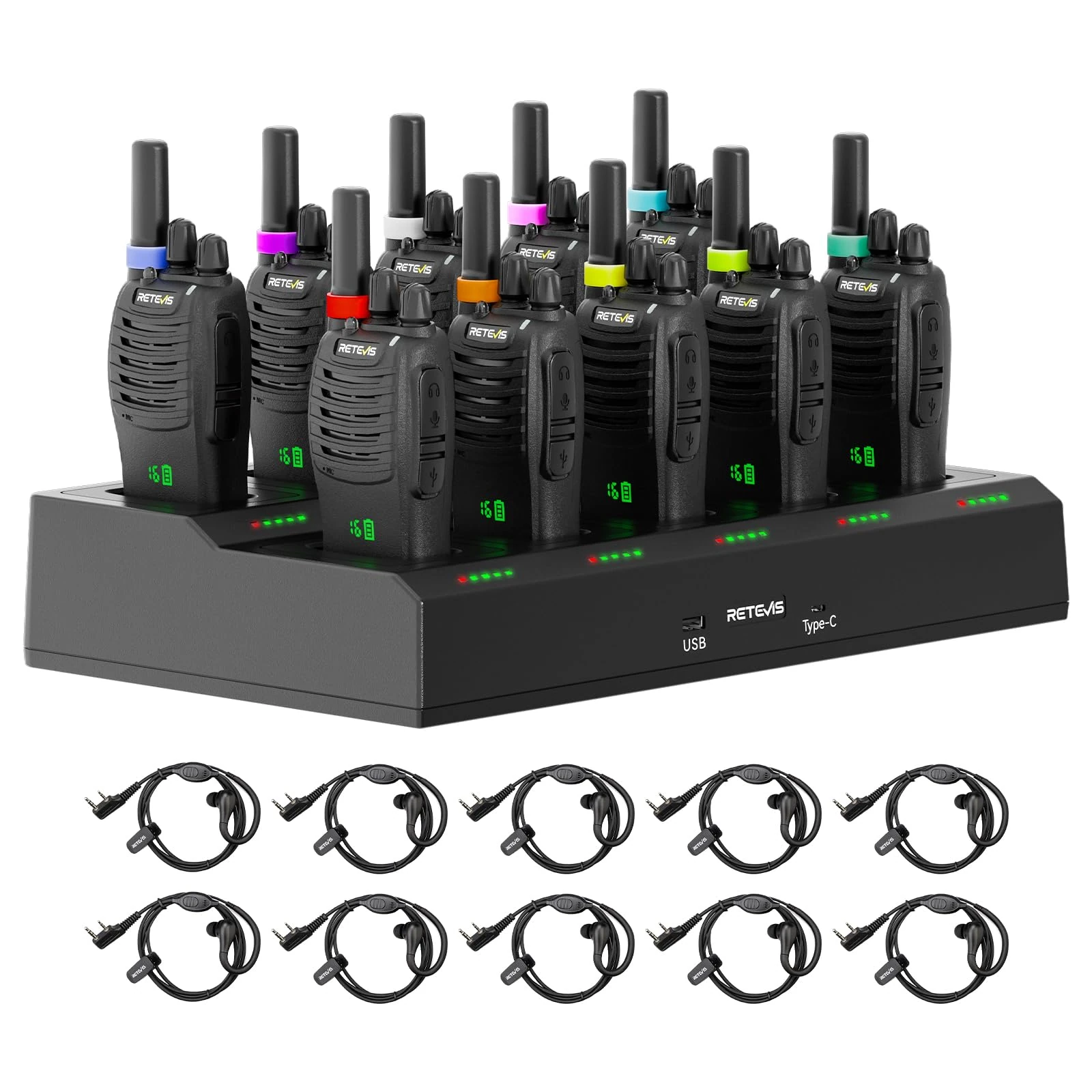 Retevis H777H Walkie Talkies, Two Way Radio with Screen, Walkie Talkies for Adults with 10 Way Charger, USB-C, PMR446 Professional 2 Way Radio with Earphone for Commercial, Security (Black, 10 Pcs)