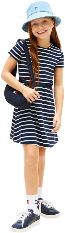 Tommy Hilfiger Girl's Essential Punto Skater Dress Ss KG0KG09149 Dresses, Blue (Dark Night Navy Stripes), 7 Years