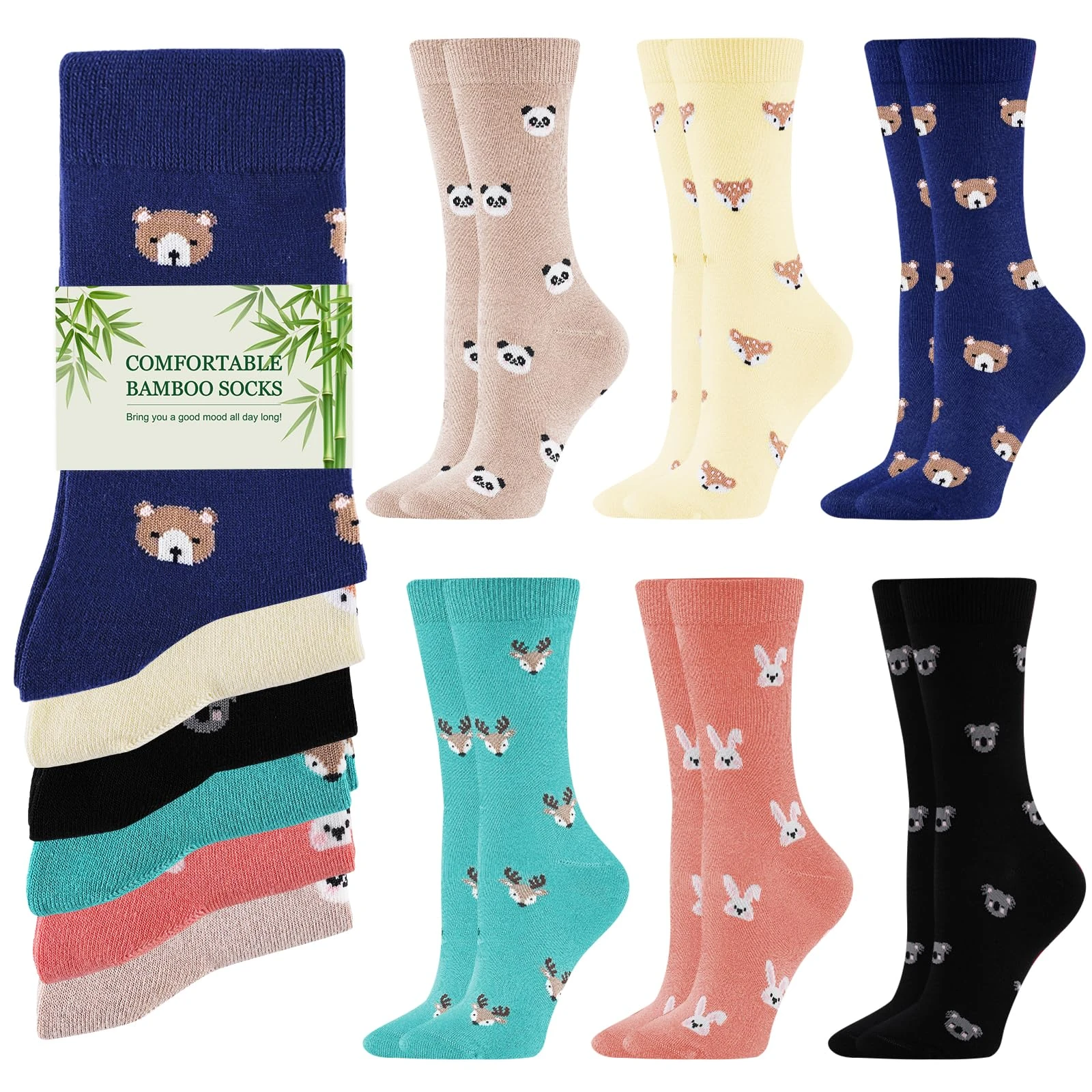 Stoeury Womens Bamboo Socks, Breathable Soft Animal Socks, Comfortable Seamless Crew Sock Dress Sock Christmas Gifts for Ladies Women 6 Pairs, 4-8, Stocking Fillers