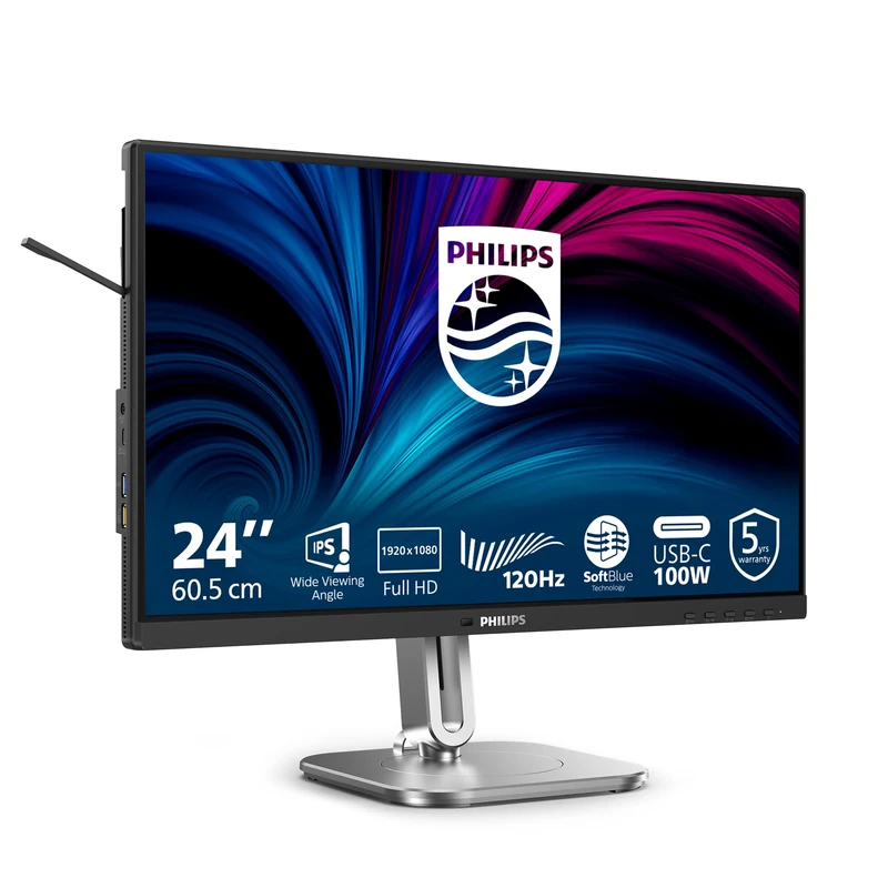 Philips 24B2U4301-24-inch Full HD monitor, speakers, height-adjustable (1920x1080, 120 Hz, HDMI 1.4, DisplayPort 1.4, USB-C (100 W Power Delivery), DP out, USB hub) black grey