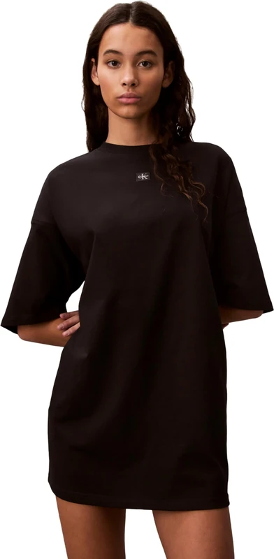 Calvin Klein Women's Ss Woven Label Oversized Tee Dre LV047F228G Dresses, Black, XXL