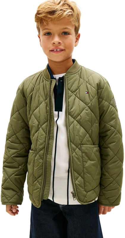 Tommy Hilfiger Boys' Quilted Jacket Lightweight with Zip, Green (Battle Green), 14 Years