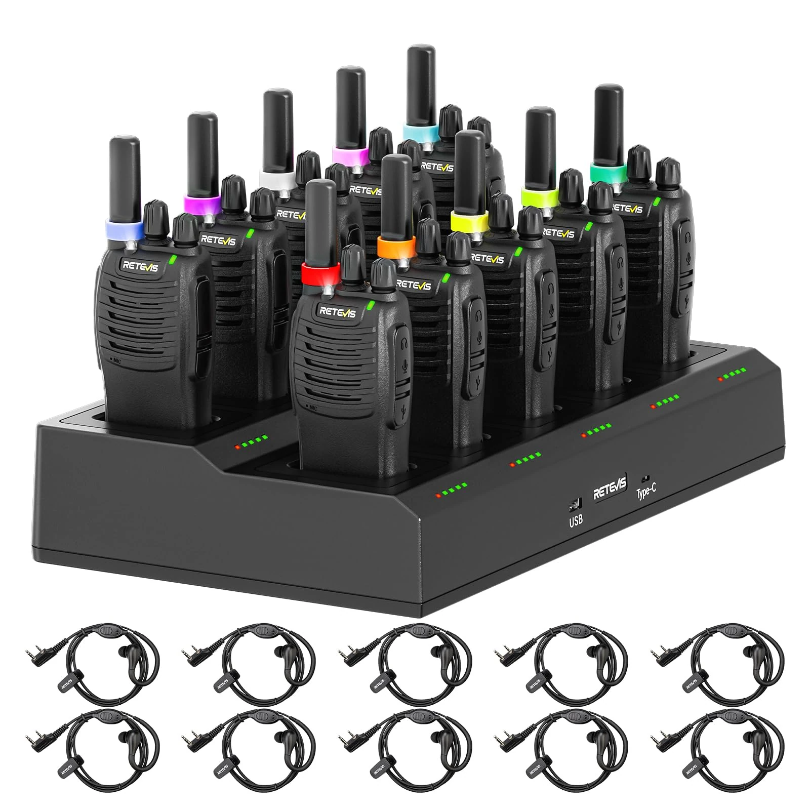 Retevis H777 Walkie Talkies for Adults, Two Way Radio with 10 Way Charger, PMR446 Professional License Free Walkie Talkies, 2 Way Radio with Headset for Commercial, Security, School (Black, 10 Pcs)