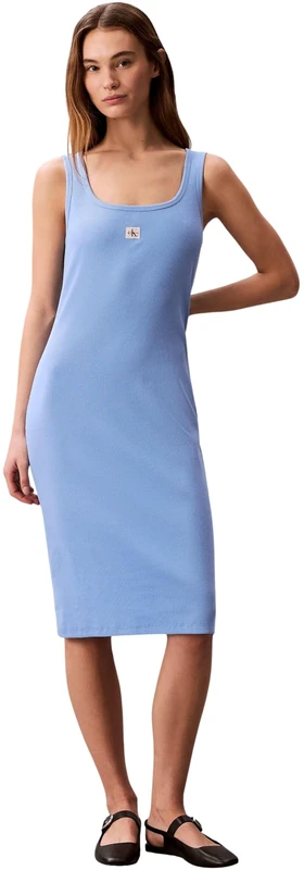 Calvin Klein Women’s Bodycon Dress Woven Label Square Midi, Blue (Blue Descent), M