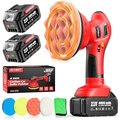 Avhrit Cordless Car Buffer Polisher, 2 Pack 21V 4000mAh Batteries, 6IN Polishing Machine, 6 Variable Speed Car Buffers and Polishers Kit 6000RPM Orbital Polisher for Auto Detailing/Polishing/Waxing