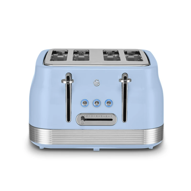 Swan ST19029BLU Retro 4 Slice Toaster, 7 Browning Levels, Removable Crumb Trays, Defrost, Reheat and Cancel Functions, Hidden Cord Storage, Non-Slip Feet, 1860W, Blue and Stainless Steel