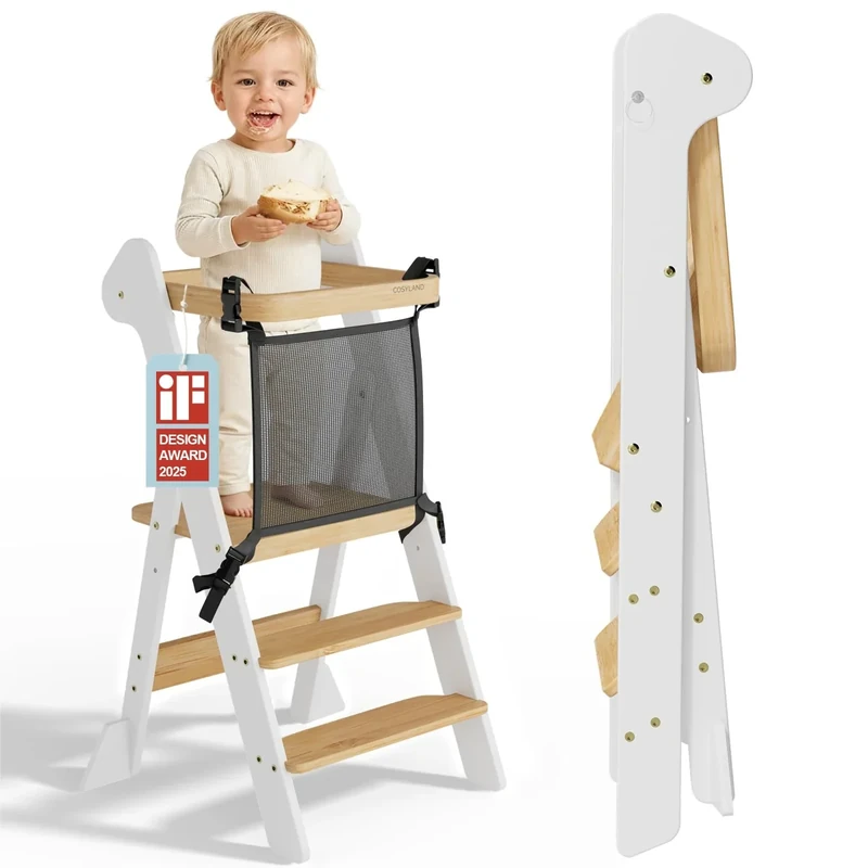 COSYLAND Foldable Toddler Standing Tower With Safety Net, IF Design Awarded – Height Adjustable Kitchen Step Stool for Kids - Space Saving Learning Helper Stool With Support Blocks (White & Natural)