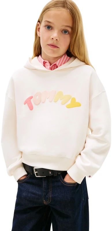 Tommy Hilfiger Girl's Tommy Puff Print Hoodie KG0KG09241 Sweatshirts, WHITE (Ancient White), 12 Years