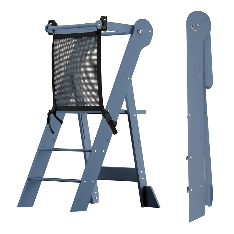 COSYLAND Foldable Toddler Standing Tower Height Adjustable - Highly Pre-Assembled Kid Kitchen Step Stool Helper for Learning and Cooking - Stable Kid Kitchen Stand with Stabilizing Blocks (Dark Grey)