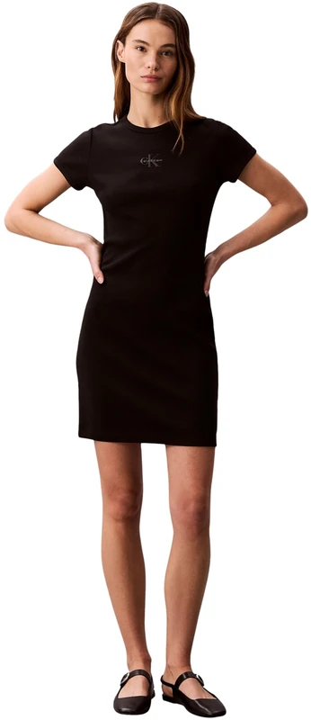 Calvin Klein Women's Ss Monologo Baby Rib Mini Dress LV047F241G Dresses, Black, XXL