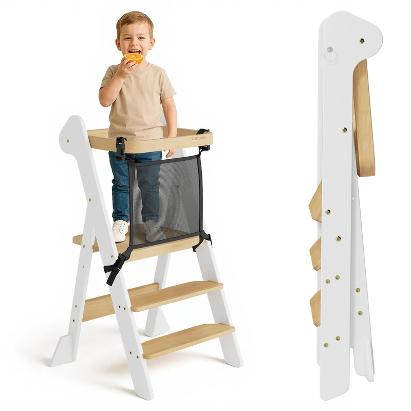 COSYLAND Foldable Toddler Step Stool for Kitchen - IF Design Awarded Space Saving Toddler Standing Tower with Protective Net - Height Adjustable Kids Kitchen Stool Helper (White & Natural)