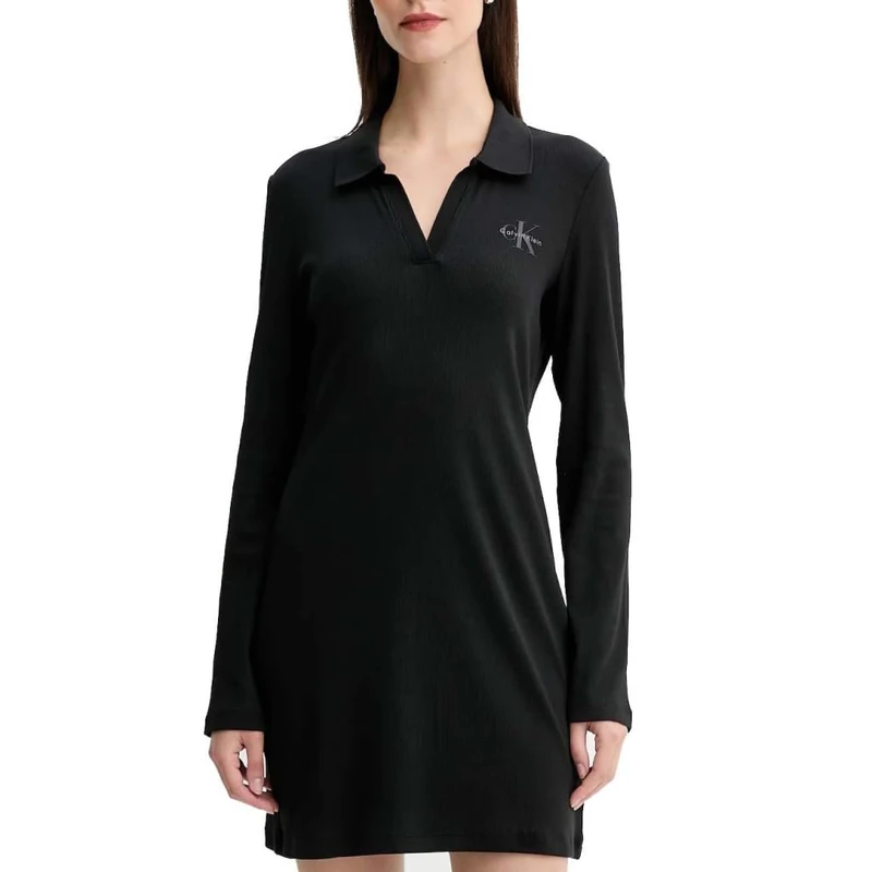 Calvin Klein Women's Ls Monologo Rib Polo Mini Dress LV047D214G Dresses, Black, XXS