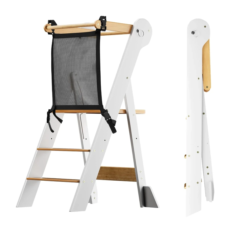 COSYLAND Foldable Toddler Standing Tower Height Adjustable - Highly Pre-Assembled Kid Kitchen Step Stool Helper for Learning and Cooking - Kid Kitchen Stand with Stability Blocks (White & Natural)