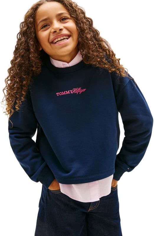 Tommy Hilfiger Girl's Glitter Tommy Crew KG0KG09128 Sweatshirts, BLUE (Dark Night Navy), 8 Years