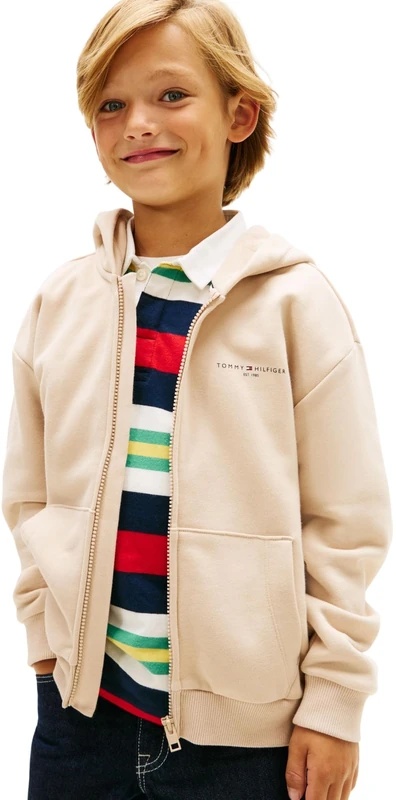 Tommy Hilfiger Kids’ Unisex Hoodie with Zip Mini Corp and Ribbed Hem, Beige (Classic Beige), 5 Years