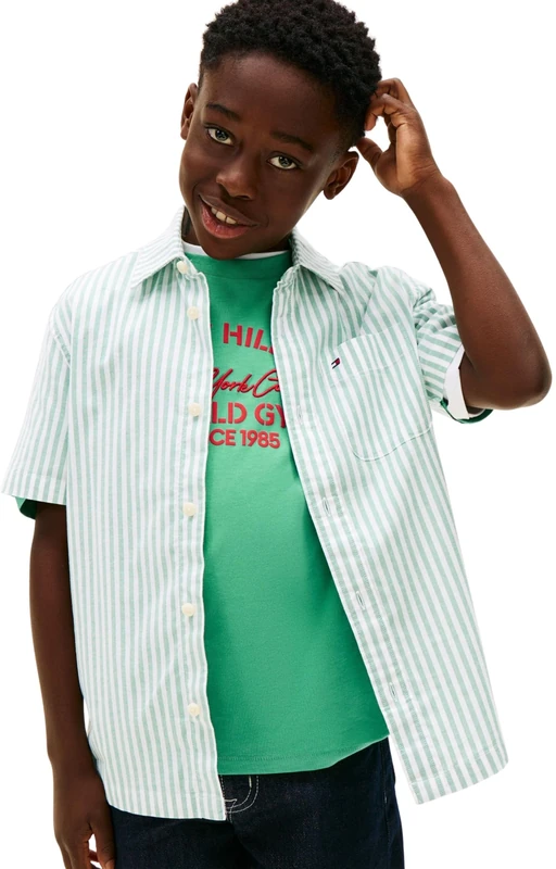 Tommy Hilfiger Boys’ Shirt Flex Ithaca Stripe Short Sleeve, Green (Bahama Green Stripe), 4 Years