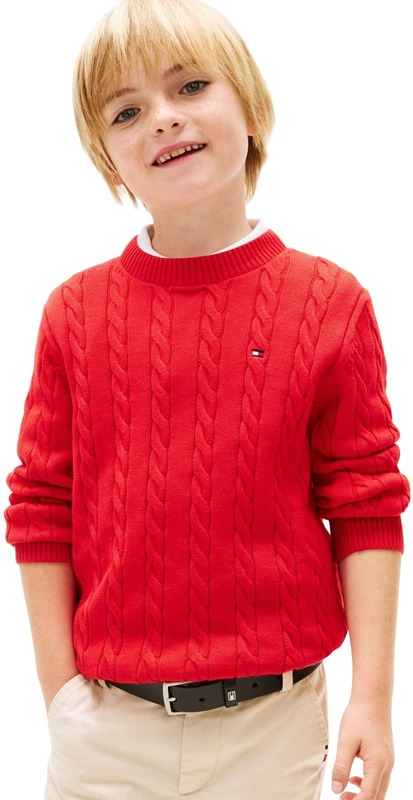 Tommy Hilfiger Boy's Cotton Cable Sweater KB0KB09753 Sweaters, RED (Rapid Red), 6 Years - Image 1