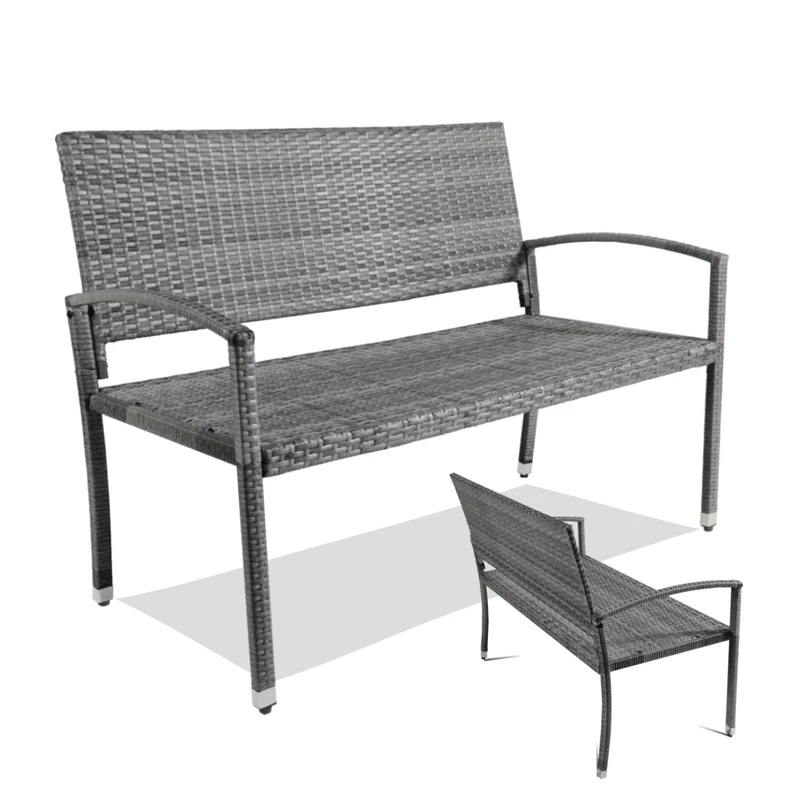 Clevich Rattan Garden Bench, 2 Seater Wicker Patio Bench with Curved Backrest Armrests, Adjustable Feet, Weatherproof PE, 320kg Capacity for Indoor/Outdoor/Balcony/Terrace, Double-Sided Rattan, Grey