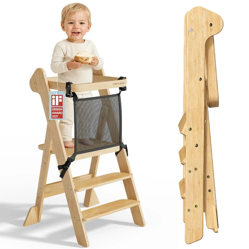 COSYLAND Foldable Toddler Standing Tower With Safety Net, IF Design Awarded – Height Adjustable Kitchen Step Stool for Kids - Space Saving Learning Helper Stool With Support Blocks (Natural)