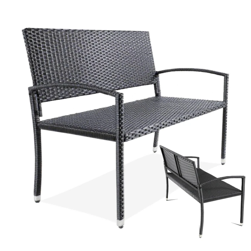 Clevich Rattan Garden Bench, 2 Seater Wicker Patio Bench with Curved Backrest Armrests, Adjustable Feet, Weatherproof PE, 320kg Capacity for Indoor/Outdoor/Balcony/Terrace, Single-Sided Rattan, Black