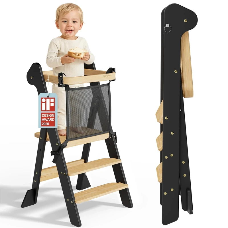 COSYLAND Foldable Toddler Standing Tower With Safety Net, IF Design Awarded – Height Adjustable Kitchen Step Stool for Kids - Space Saving Learning Helper Stool With Support Blocks (Black & Natural)