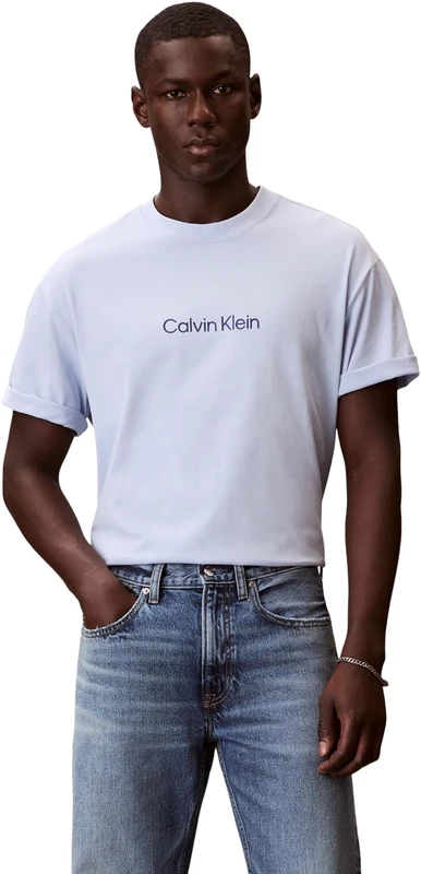 Calvin Klein Men’s T-Shirt Short Sleeve Standard Logo with Round Neckline, Blue (Breezy Blue), L